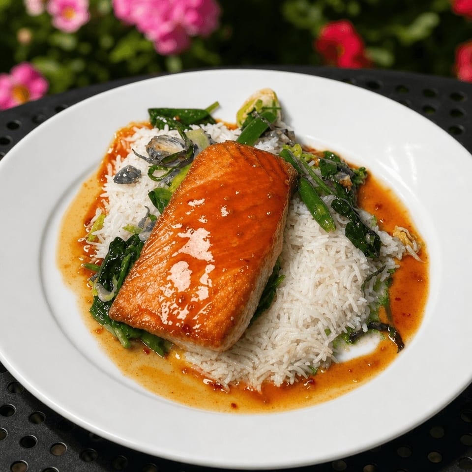 Glazed salmon fillet on a bed of white rice with green vegetables and sauce, outdoors.