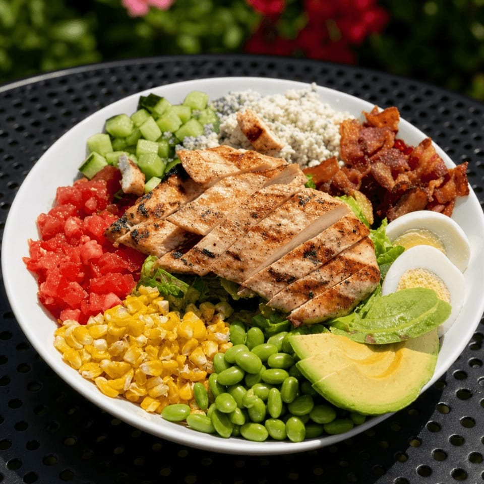 A vibrant Cobb salad with grilled chicken, bacon, avocado, corn, tomatoes, and eggs.