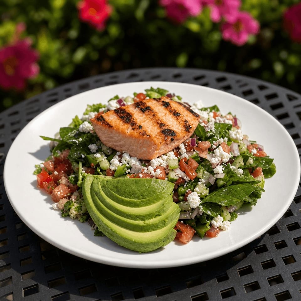Grilled salmon on a fresh salad with avocado, feta, tomatoes, and cucumbers, outdoors.